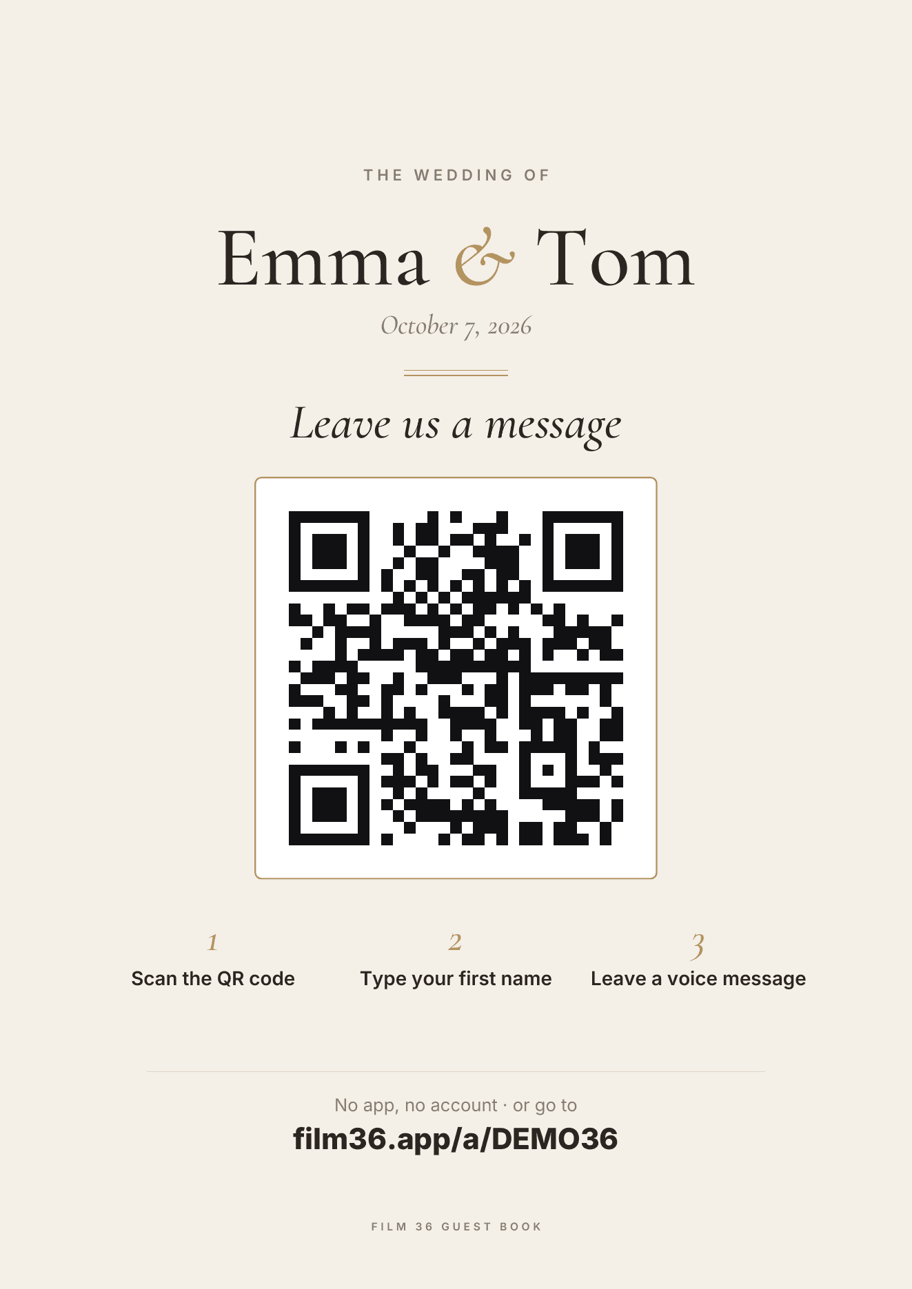 The A4 poster to print: “Leave us a message”, with the guest book QR code