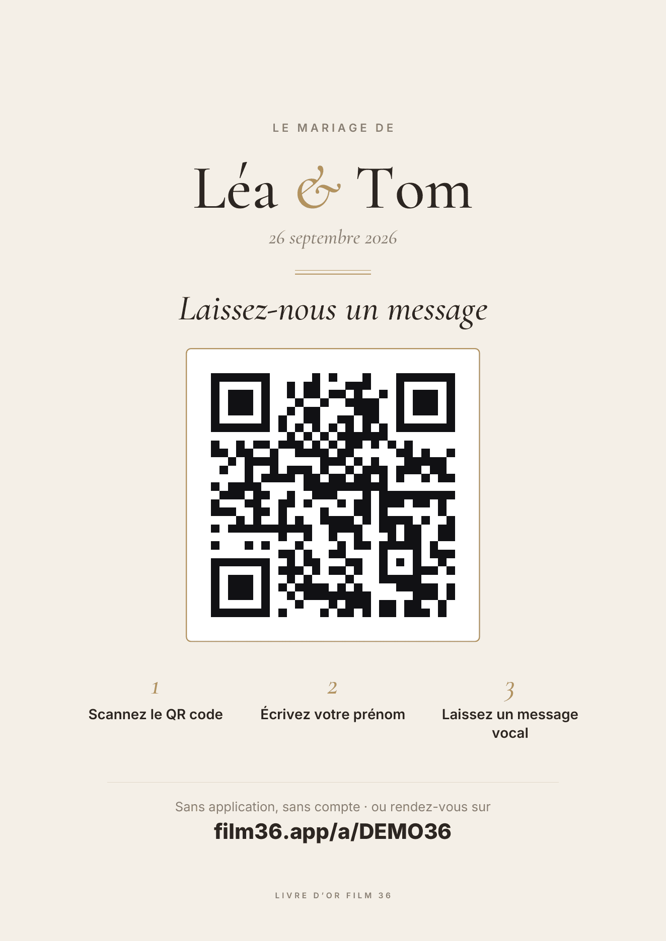 L’affiche A4 à imprimer : « Laissez-nous un message », avec le QR code du livre d’or