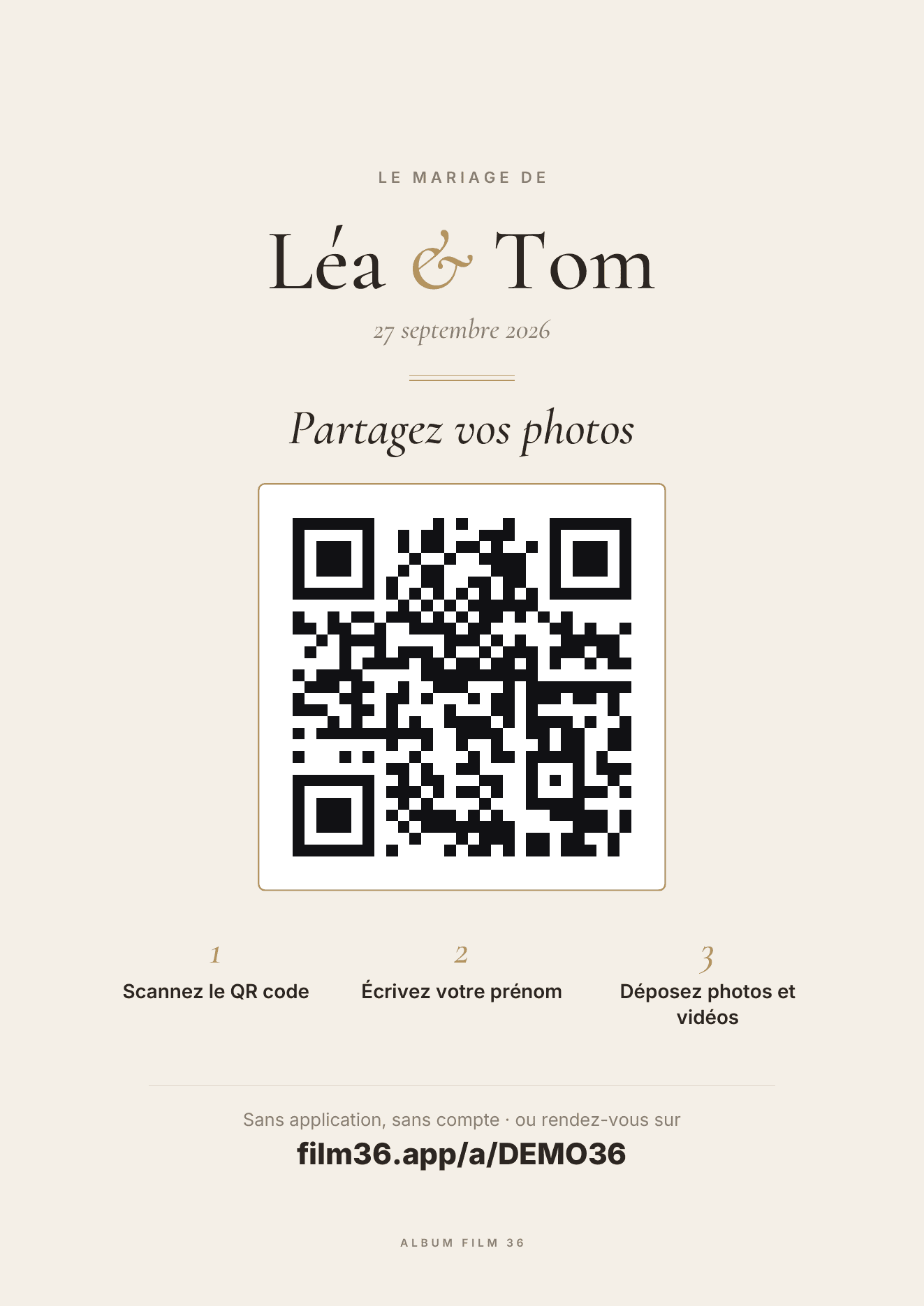 L’affiche A4 de Léa & Tom : « Partagez vos photos », le QR code et trois étapes : scannez, écrivez votre prénom, déposez