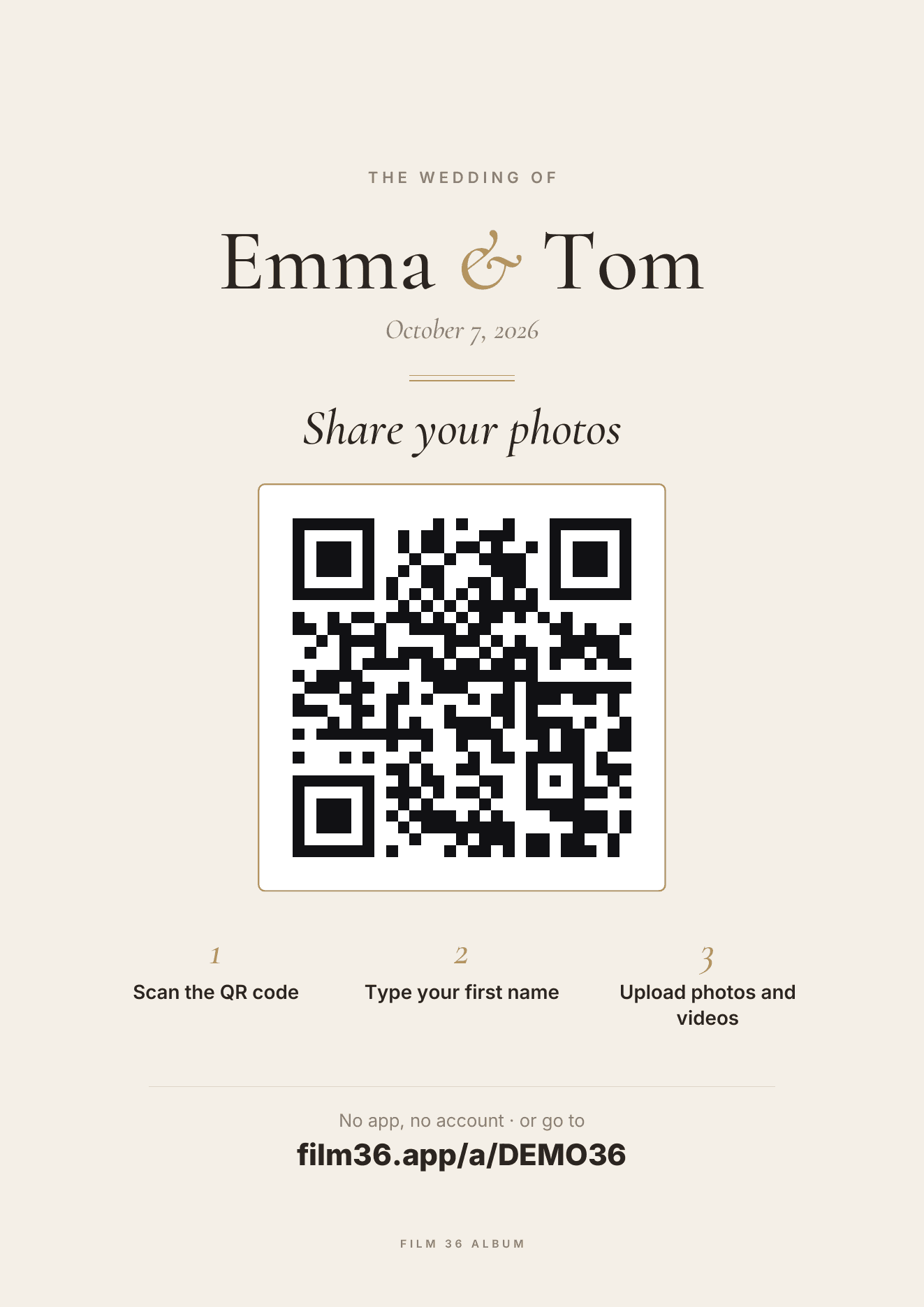 The A4 poster: “Share your photos”, the QR code and three steps