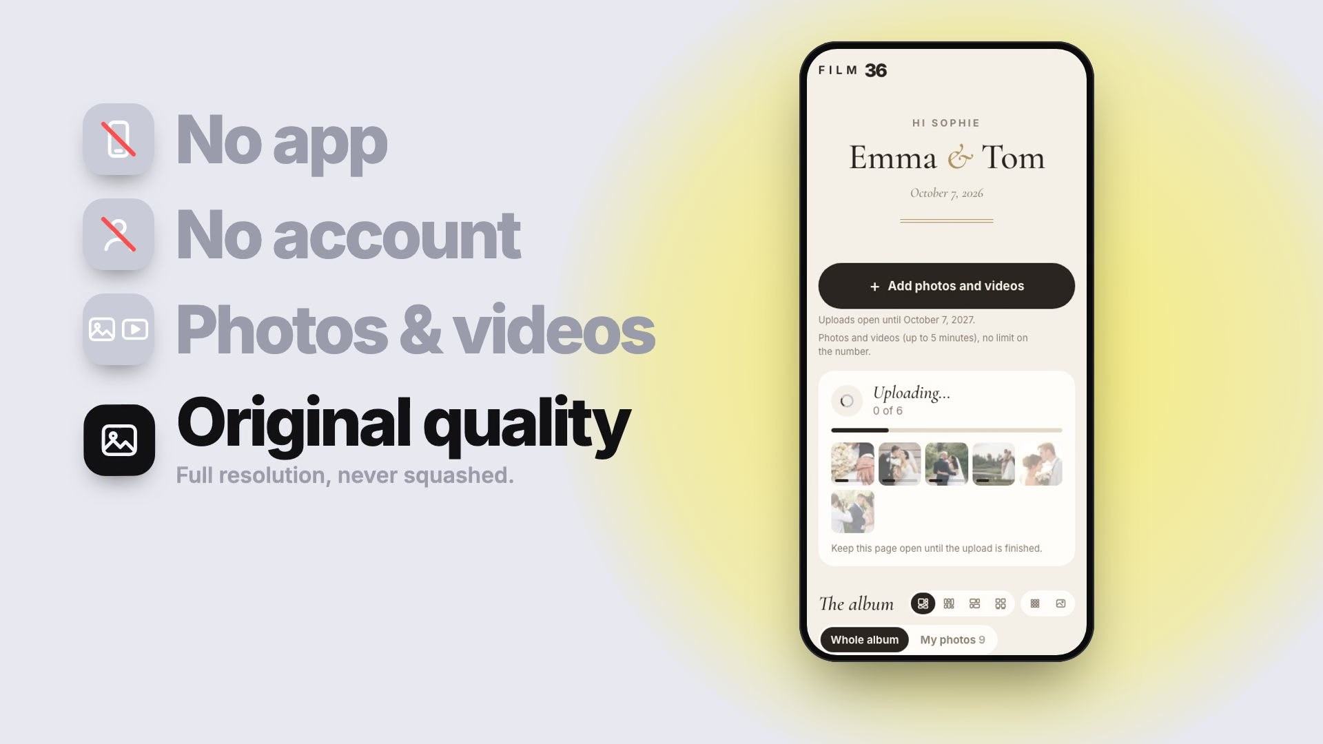 A guest’s phone uploading photos, next to the words “No app, no account, photos and videos, original quality, even offline”