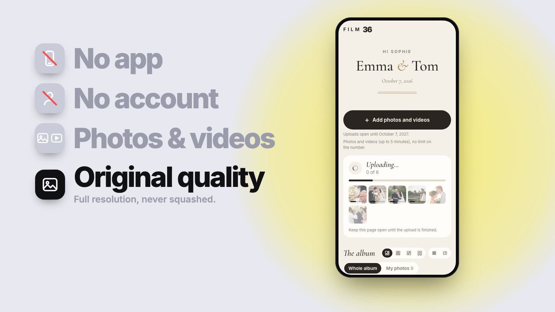 A guest’s phone uploading photos, next to the words “No app, no account, photos and videos, original quality, even offline”
