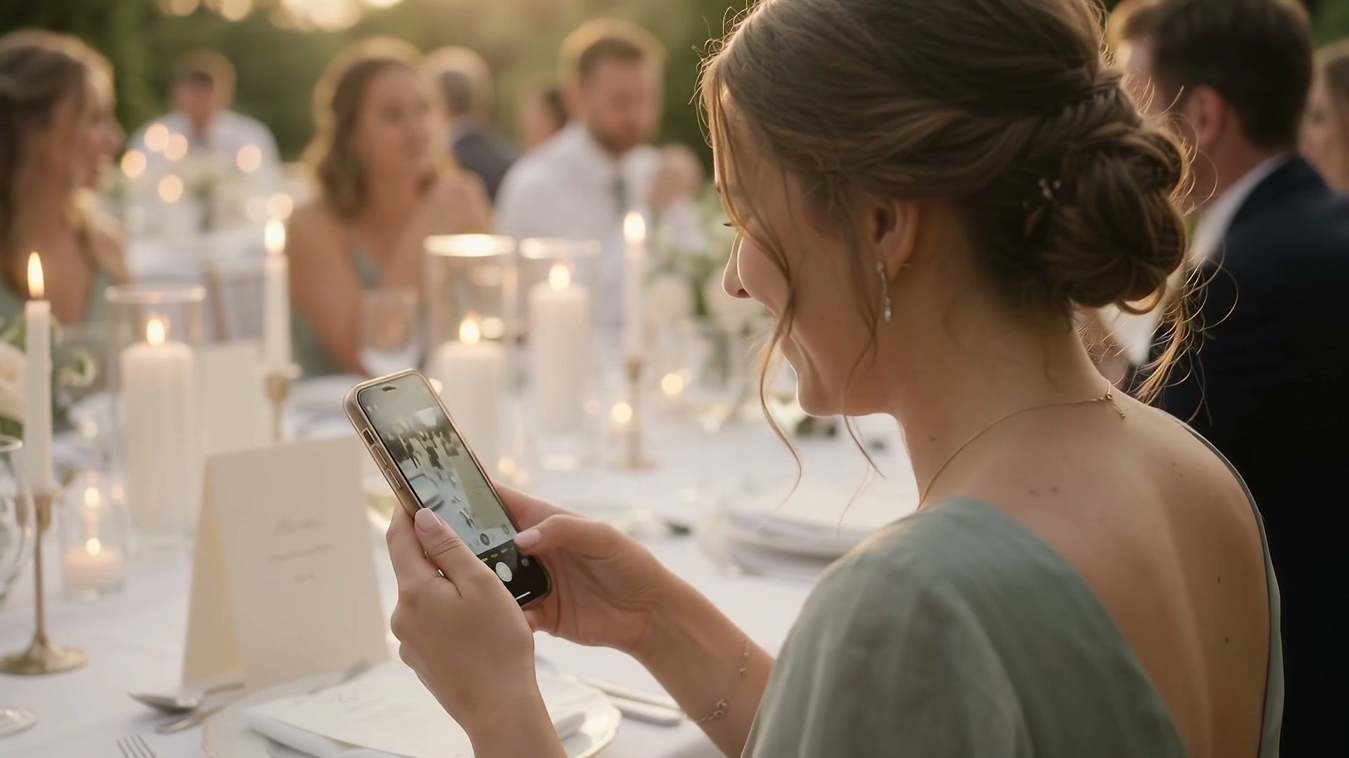 Une invitée en robe vert sauge scanne avec son téléphone le QR code posé sur la table du mariage