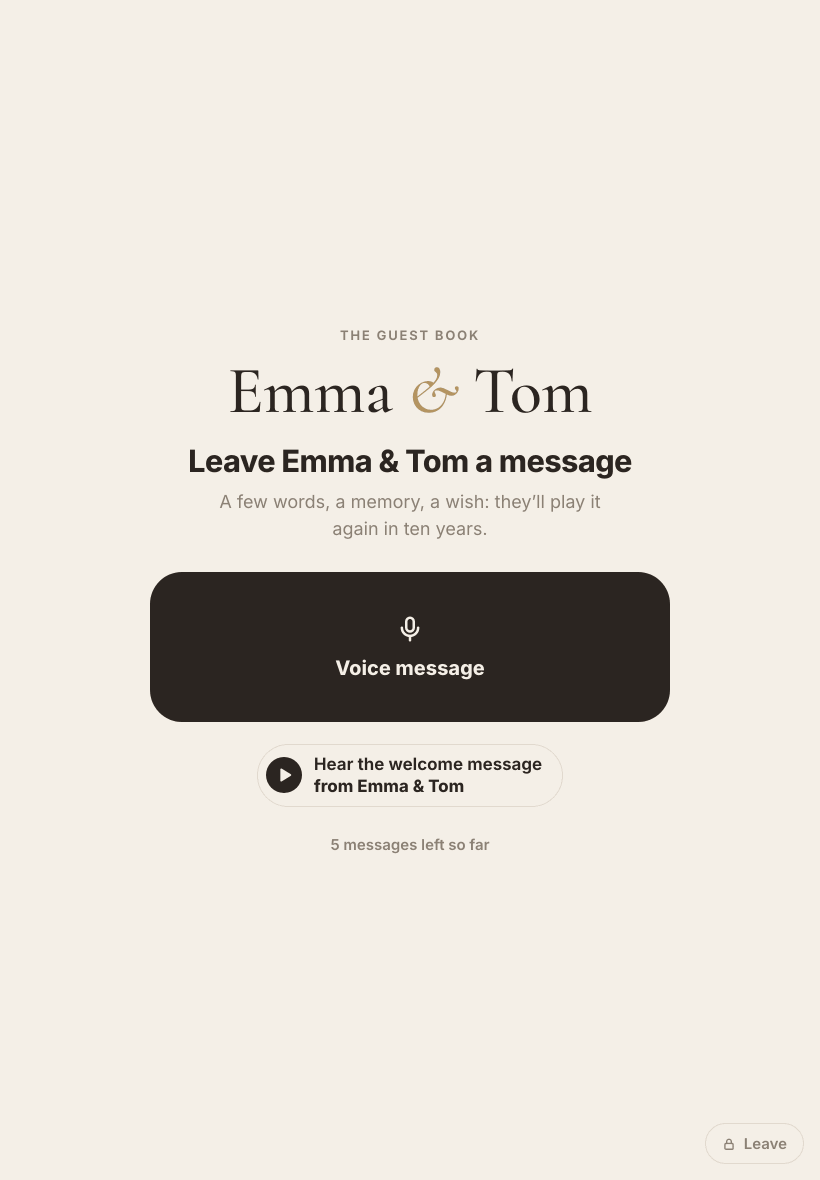 The kiosk on a tablet: “Leave Emma & Tom a message”, with one big Voice message button