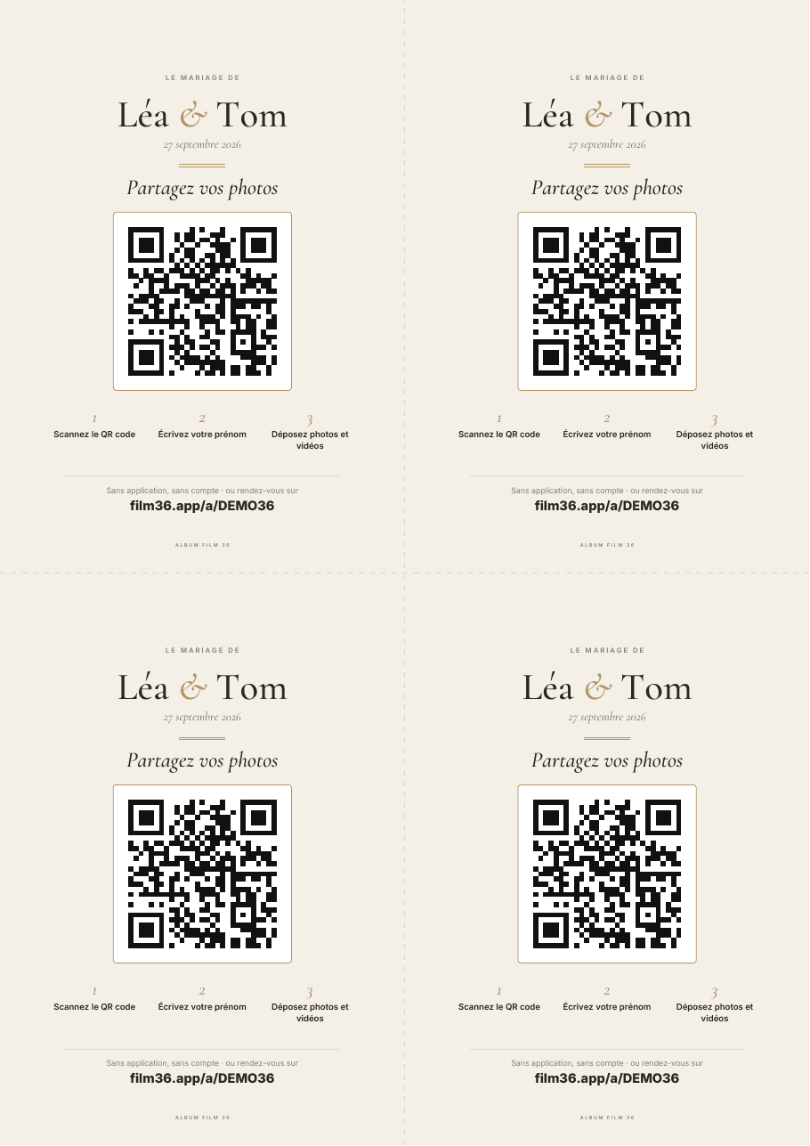 Les cartes de table : quatre cartes A6 par page avec les prénoms, le QR code et les trois étapes