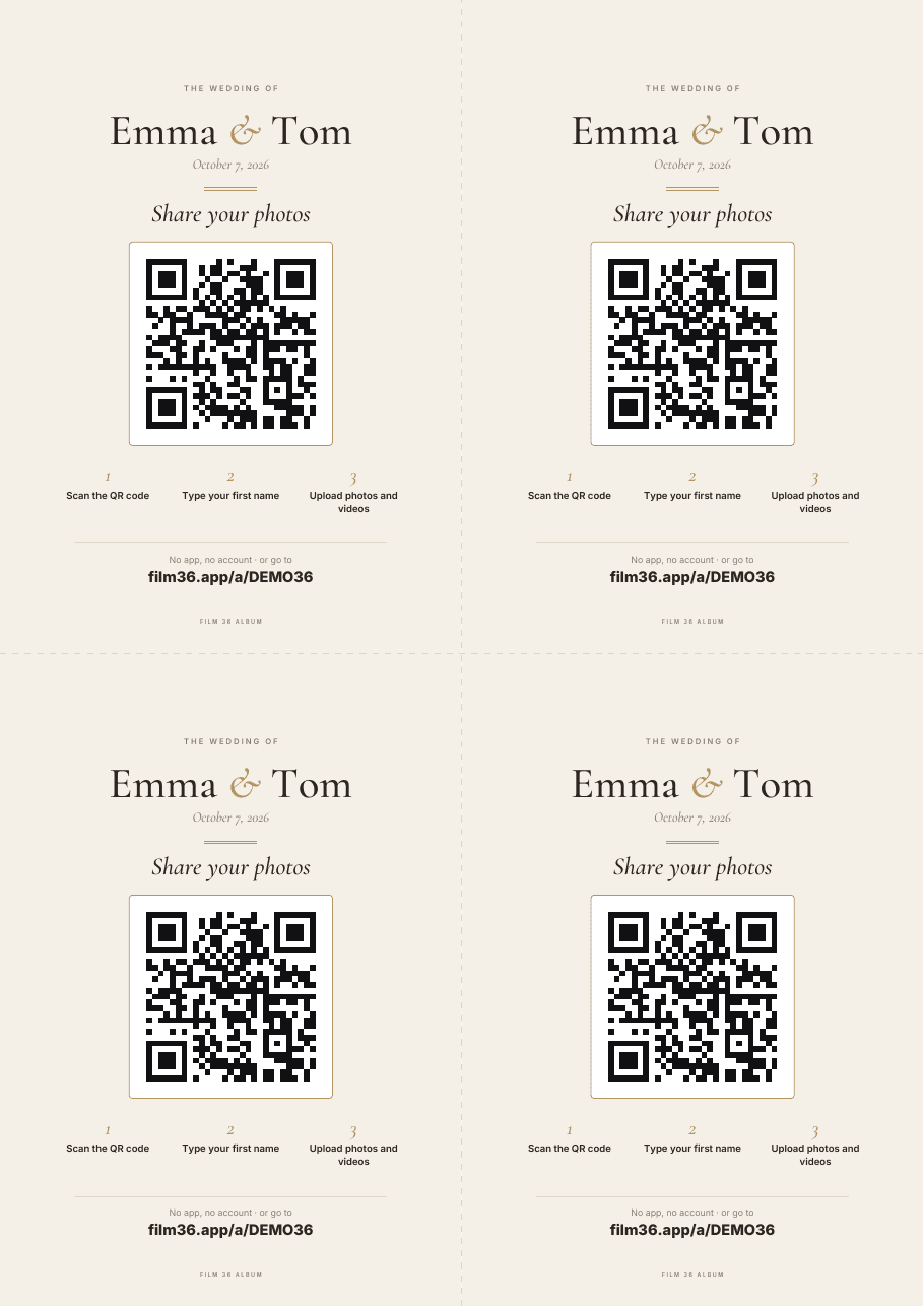The table cards: four A6 cards per page with the names, the QR code and the three steps