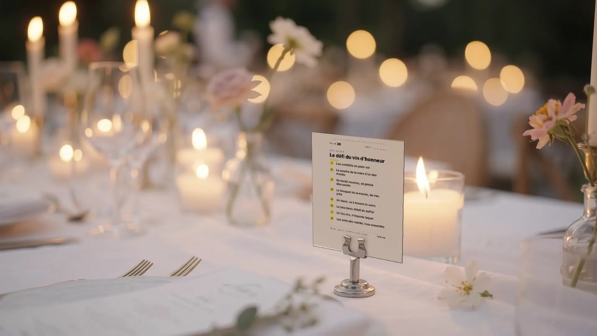 La carte du défi du vin d’honneur, posée dans un porte-menu sur une table de mariage, à côté d’une bougie