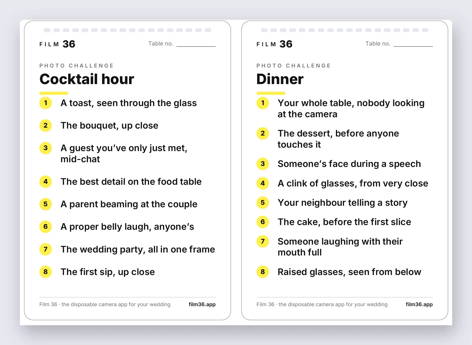 The first two printable cards: the cocktail hour card and the dinner card