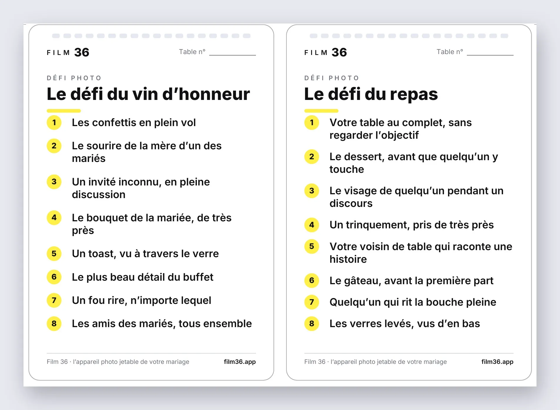 Les deux premières cartes à imprimer : le défi du vin d’honneur et le défi du repas