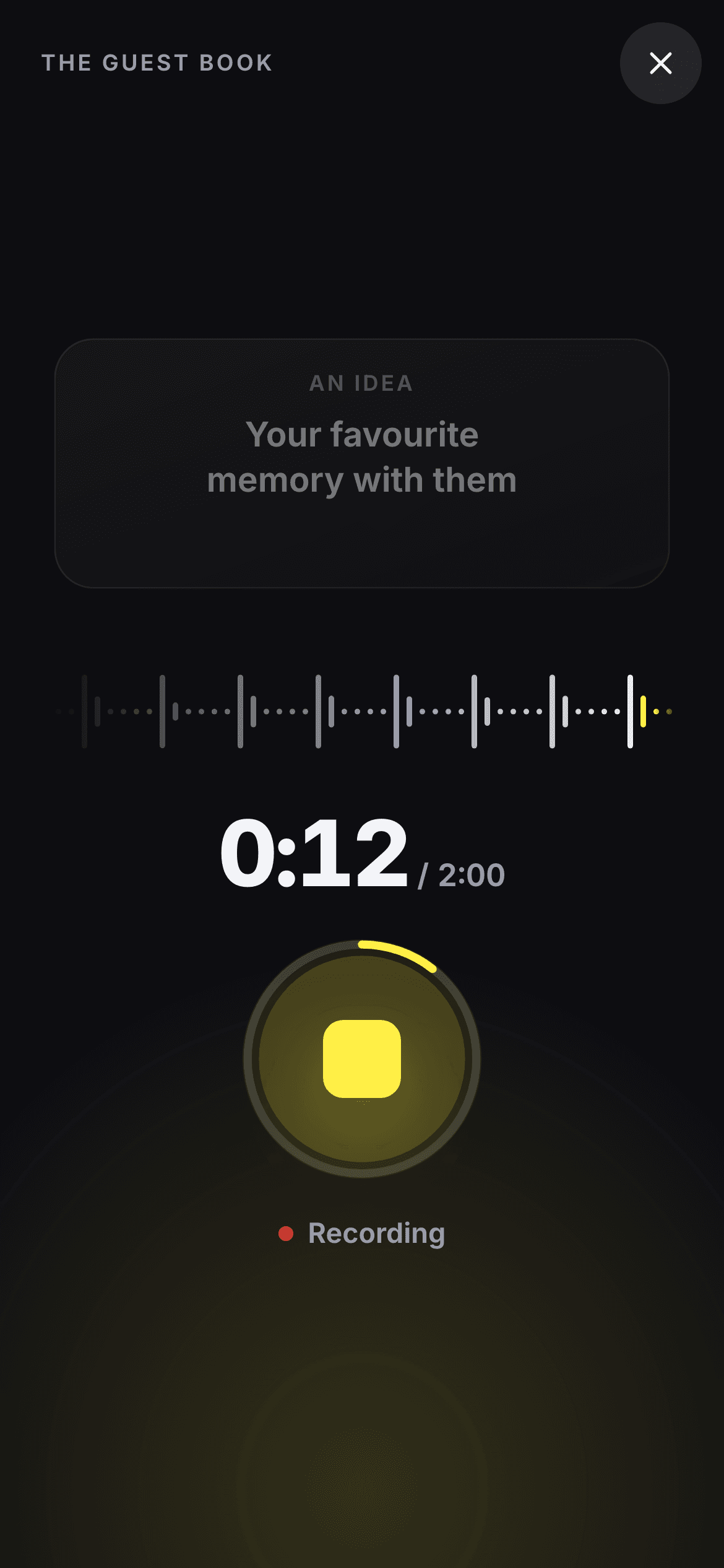 Recording in progress: the counter at 0:12 of 2:00, the waveform of the voice and the stop button