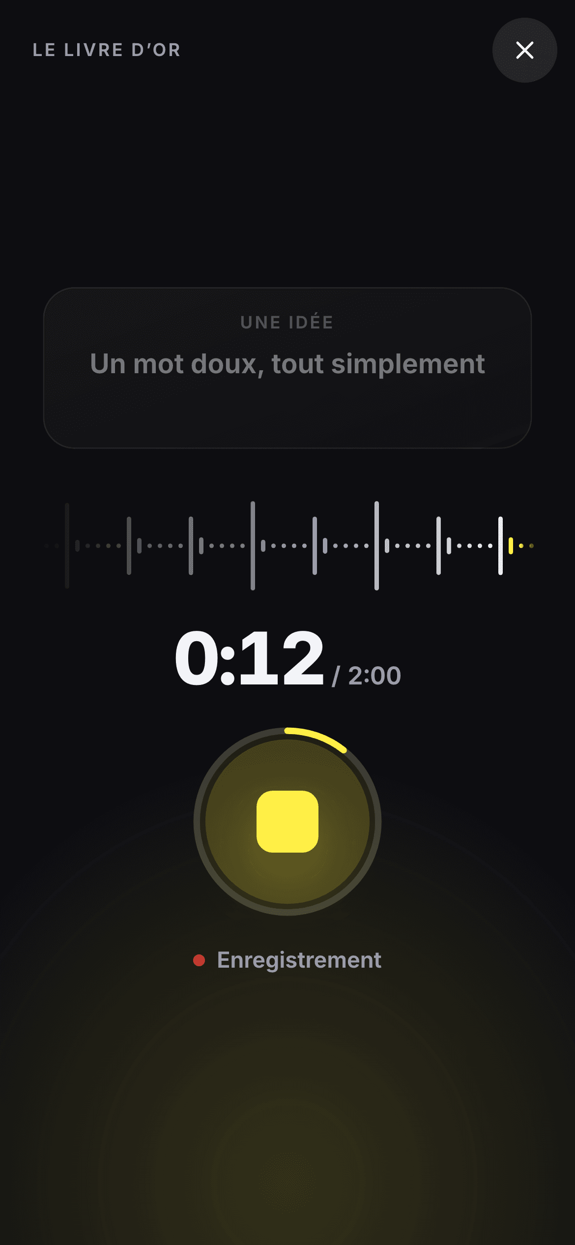 L’enregistrement en cours : le compteur à 0:12 sur 2:00, l’onde de la voix et le bouton pour arrêter