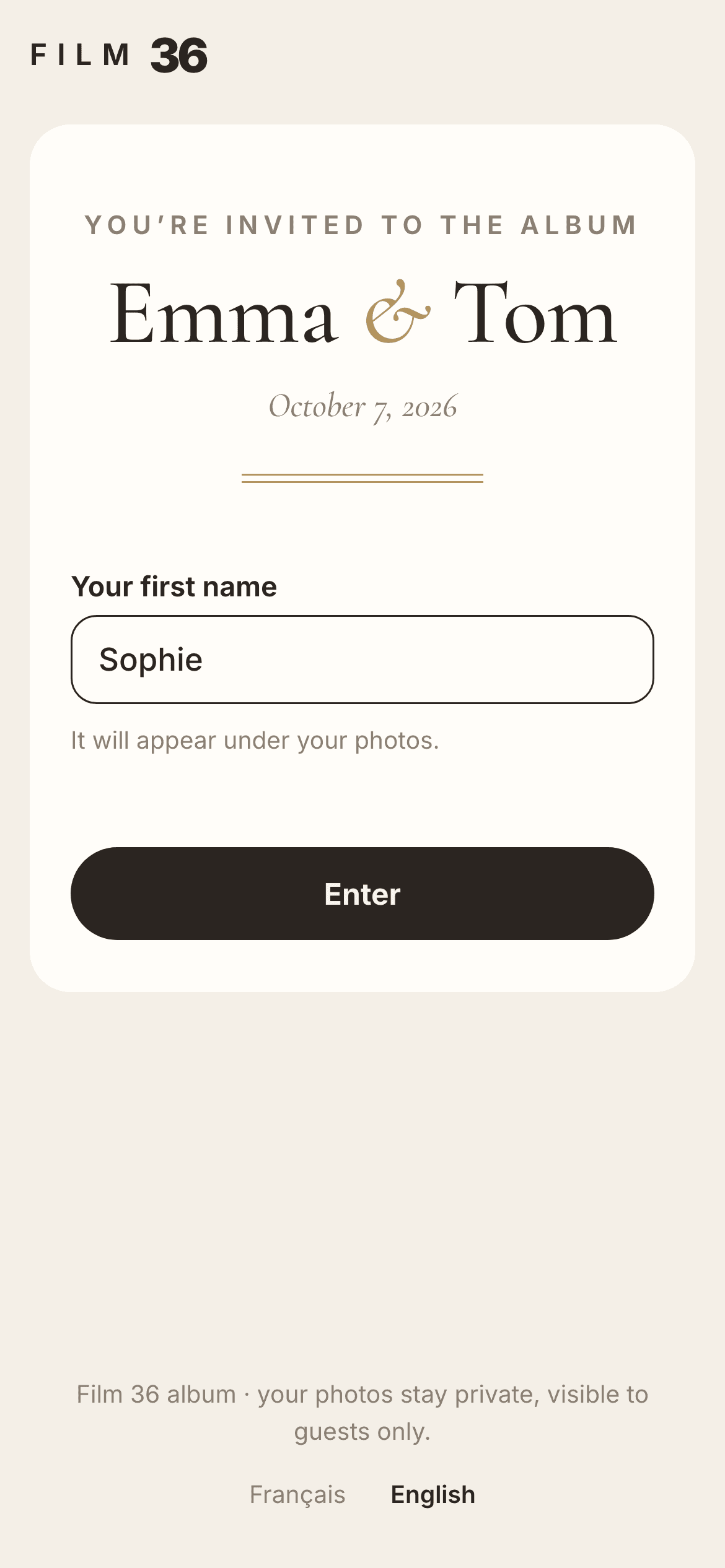 A guest’s arrival screen: “You’re invited to the album, Emma & Tom”, with a first name field