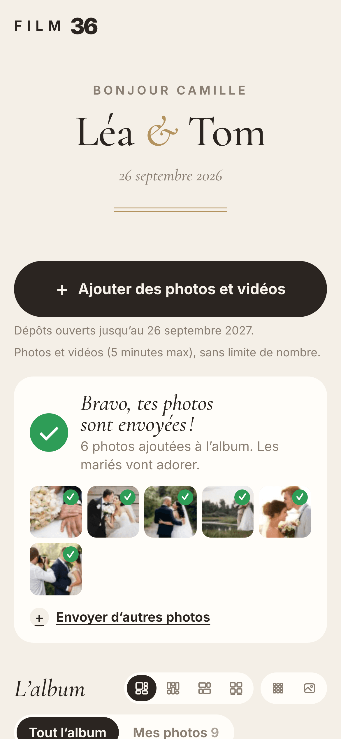 L’écran après l’envoi : « Bravo, tes photos sont envoyées ! », avec les six vignettes cochées