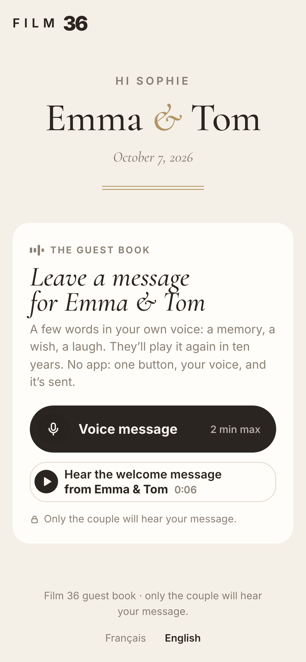 The guest book card on a guest’s page, with the button “Hear the welcome message from Emma & Tom”