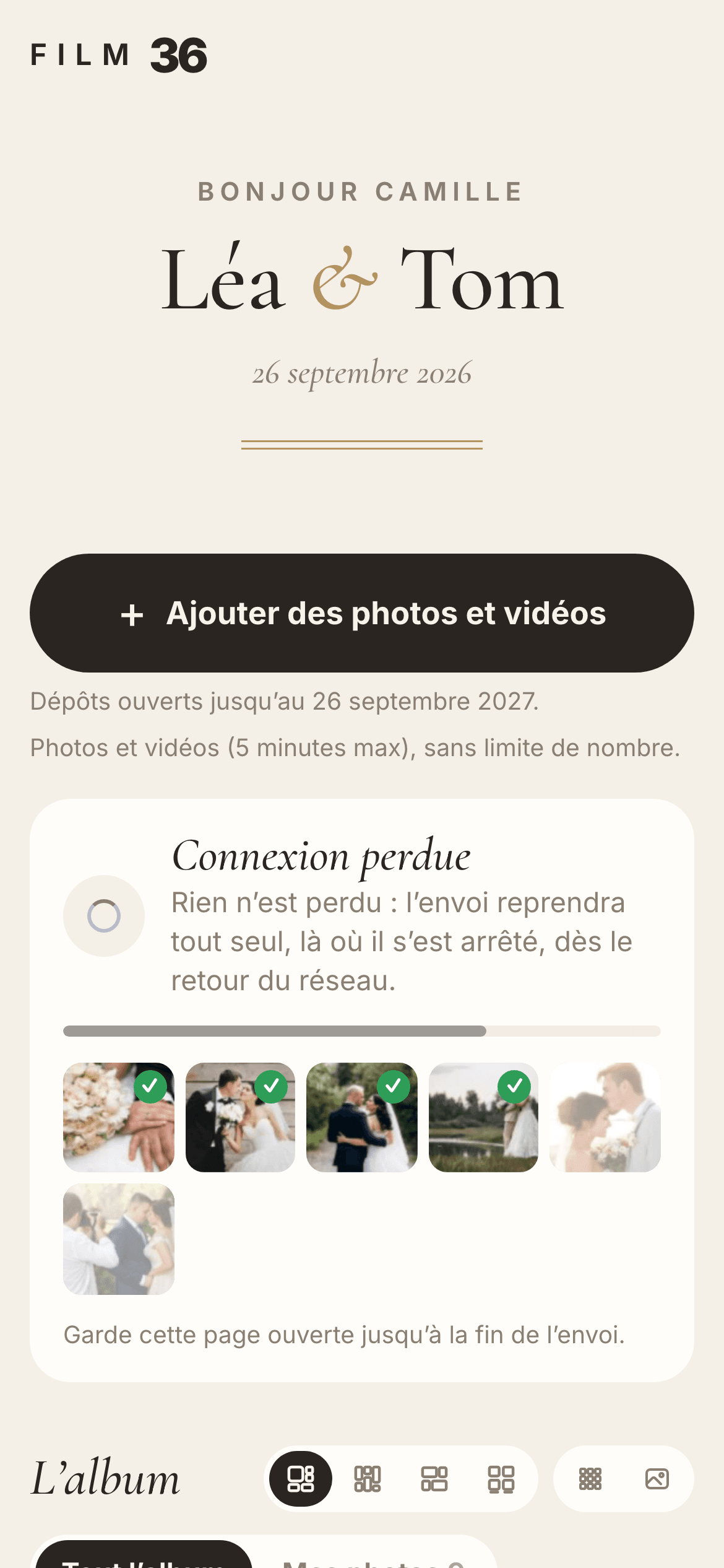 L’écran « Connexion perdue : rien n’est perdu, l’envoi reprendra tout seul dès le retour du réseau »