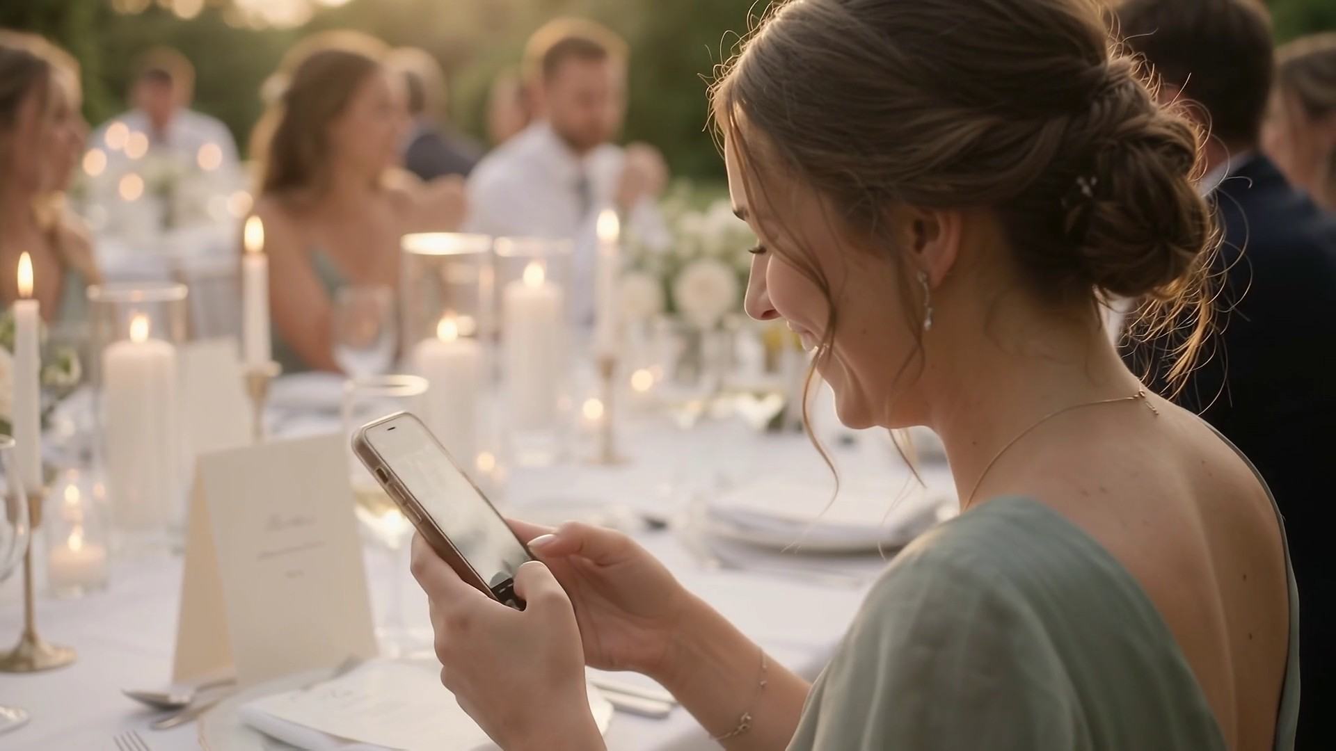Une invitée en robe vert sauge scanne avec son téléphone le QR code posé sur la table du mariage