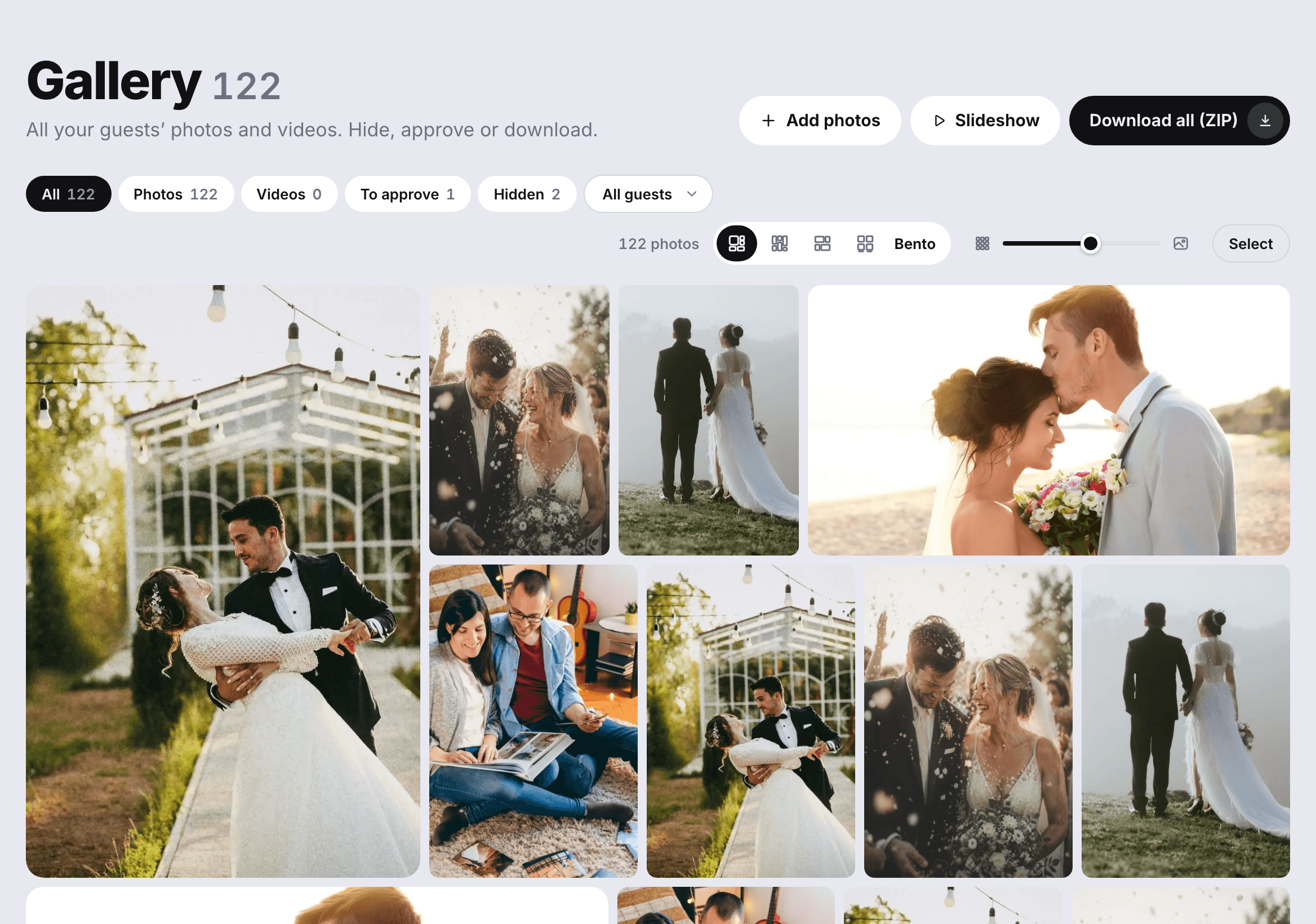 The couple’s gallery on a computer: 122 photos in a mosaic, filters for photos, videos, to approve and hidden, and the “Download all (ZIP)” button