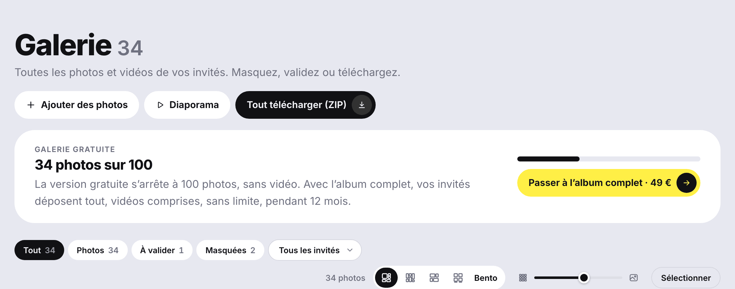 L’espace des mariés avec l’album gratuit : « 34 photos sur 100 » et le bouton pour passer à l’album complet