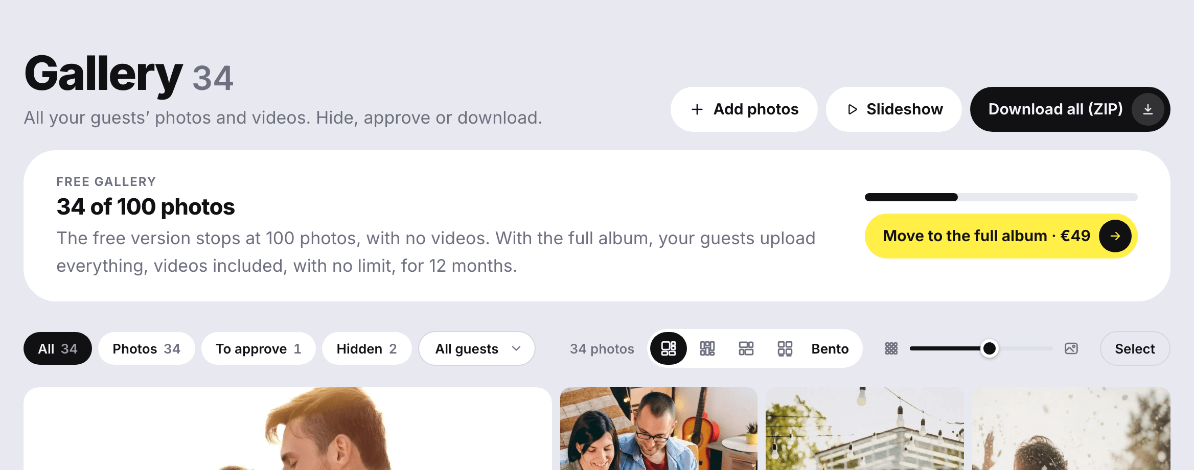 The couple’s space with the free album: “34 photos out of 100” and the button to move to the complete album