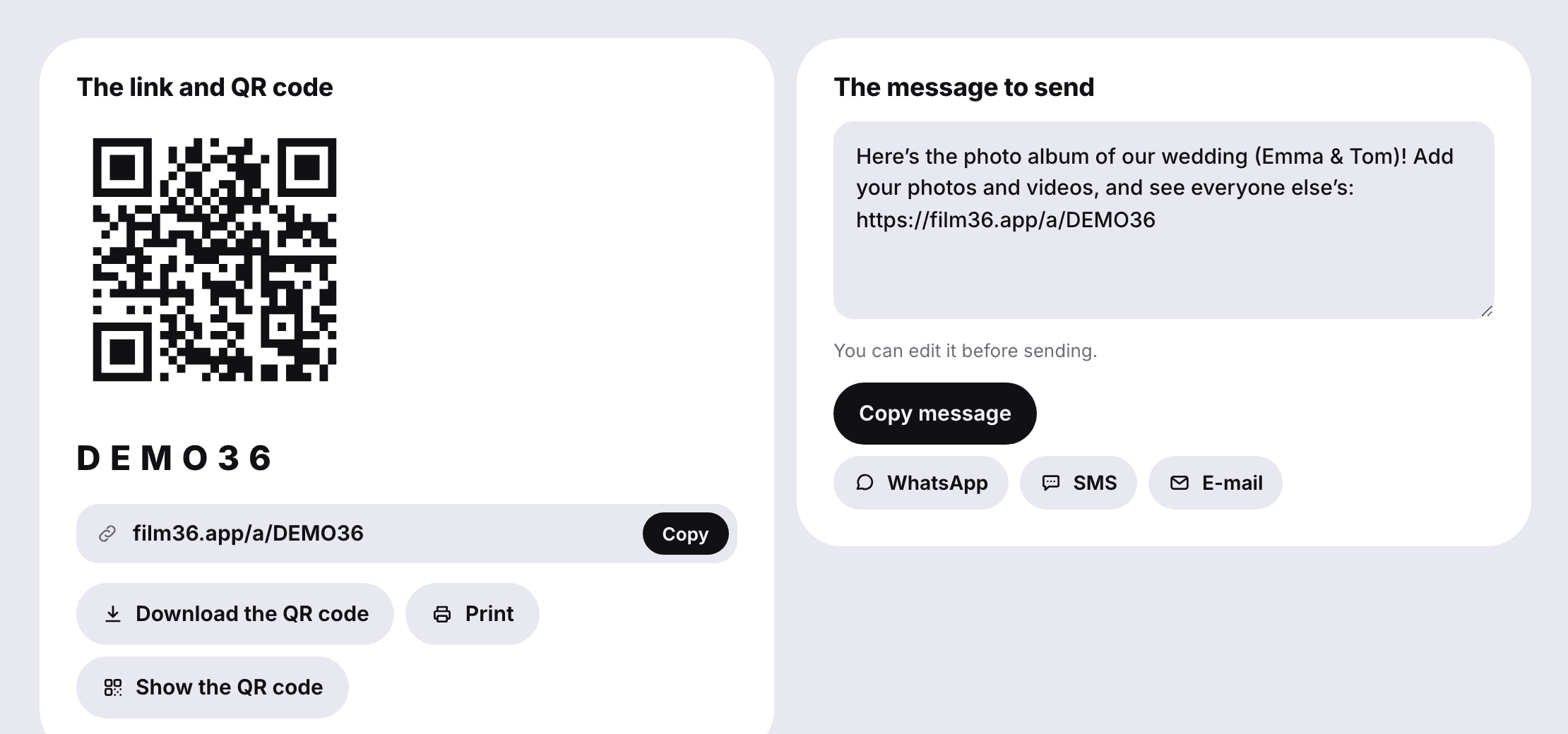 The Share page of the couple’s space: the QR code and the link that open the album and the guest book