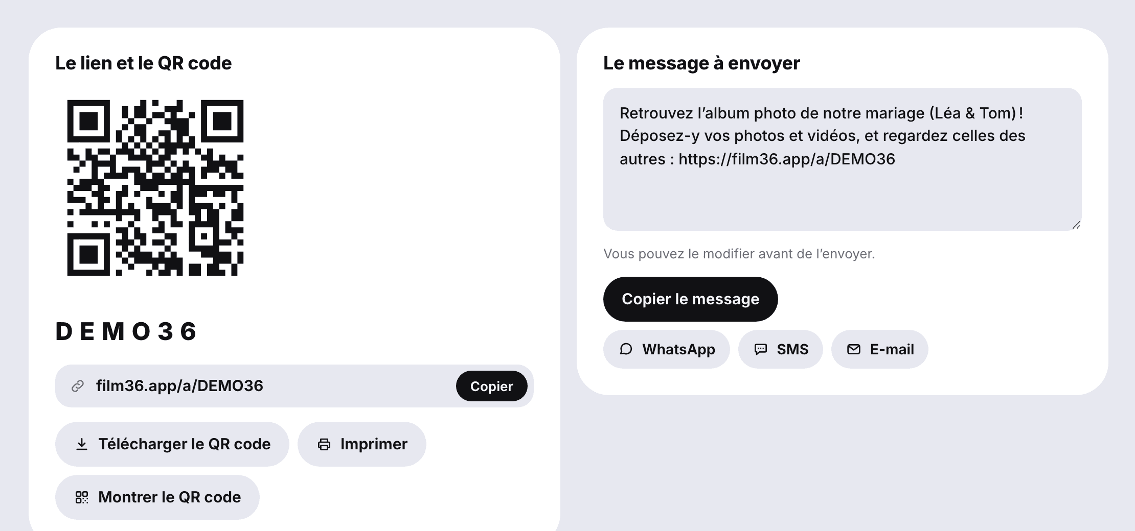 La page Partager de l’espace des mariés : le QR code et le lien qui ouvrent l’album et le livre d’or