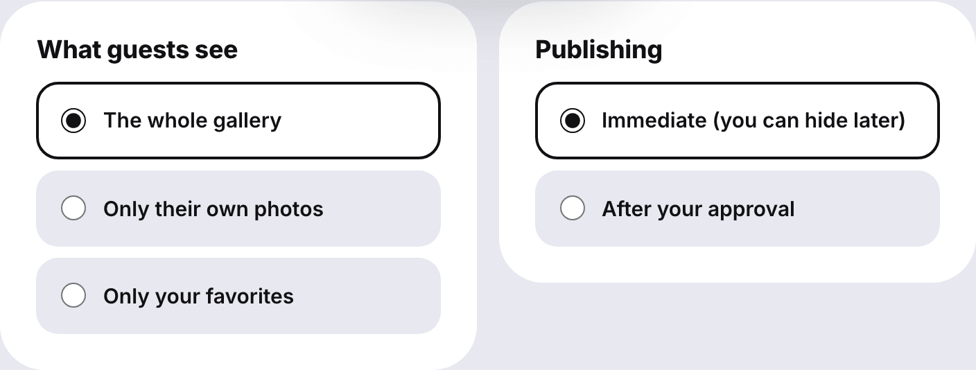 The album settings: “What guests see” (the whole gallery, only their own photos, only your favorites) and “Publishing” (immediate, or after your approval)