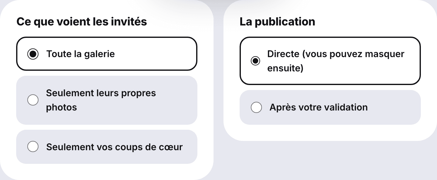 Les réglages de l’album : « Ce que voient les invités » (toute la galerie, seulement leurs propres photos, seulement vos coups de cœur) et « La publication » (directe, ou après votre validation)