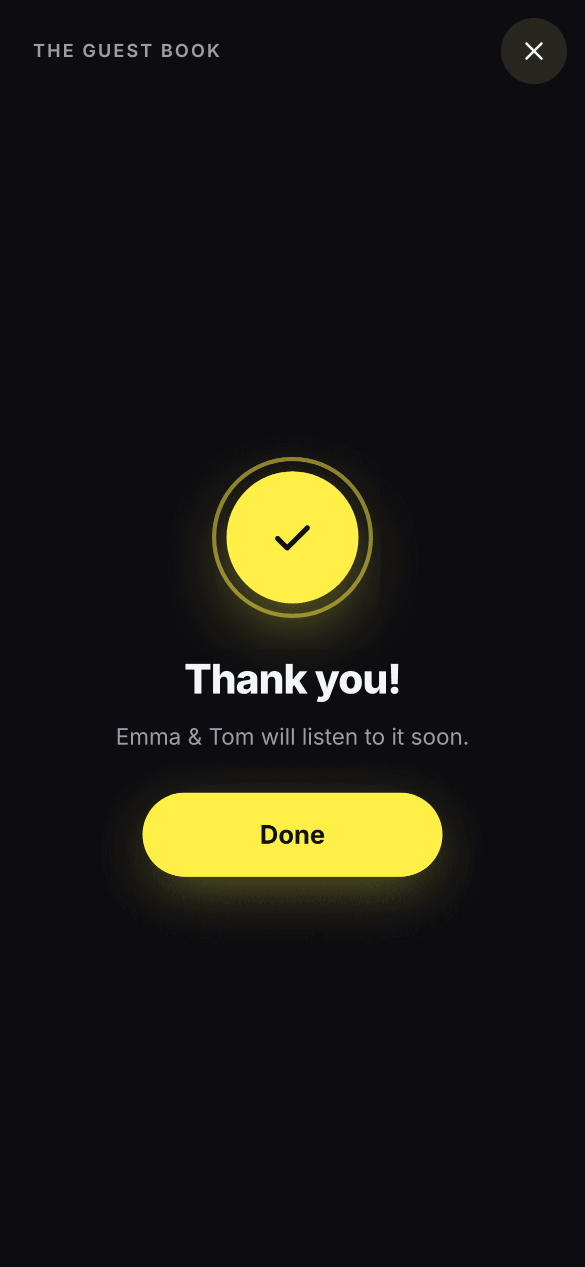 The final screen: “Thank you! Emma & Tom will listen to it soon.”