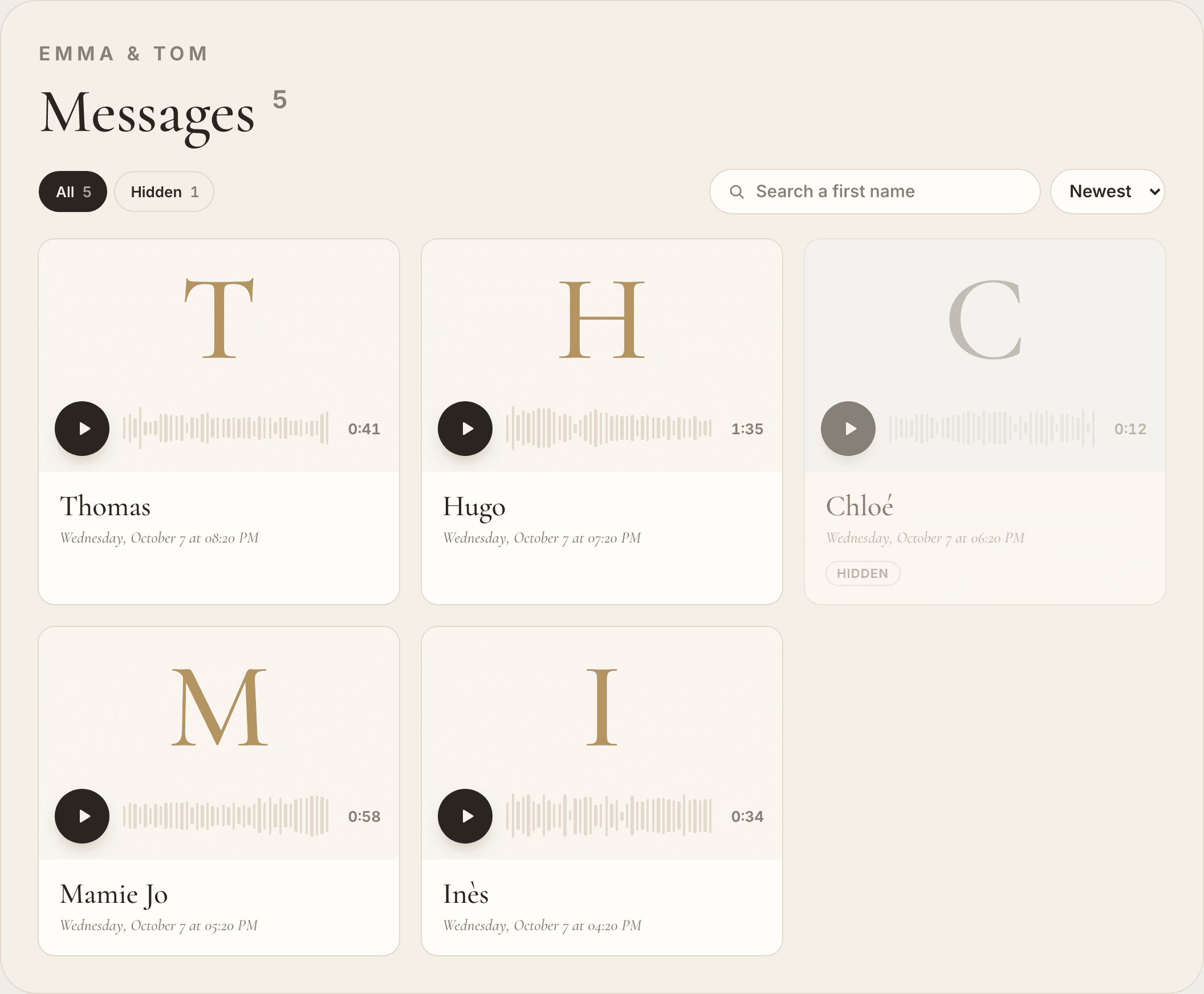 The couple’s space: “Messages”, a gallery of cards with each guest’s initial, first name and the waveform of their message