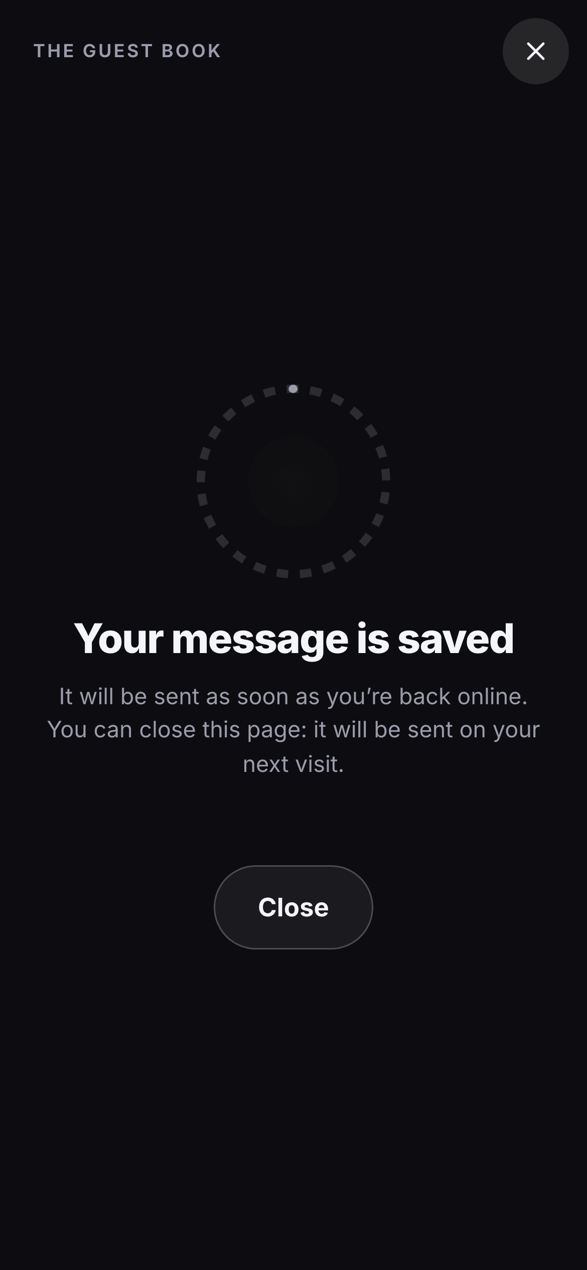 The screen “Your message is saved: it will be sent as soon as you’re back online.”